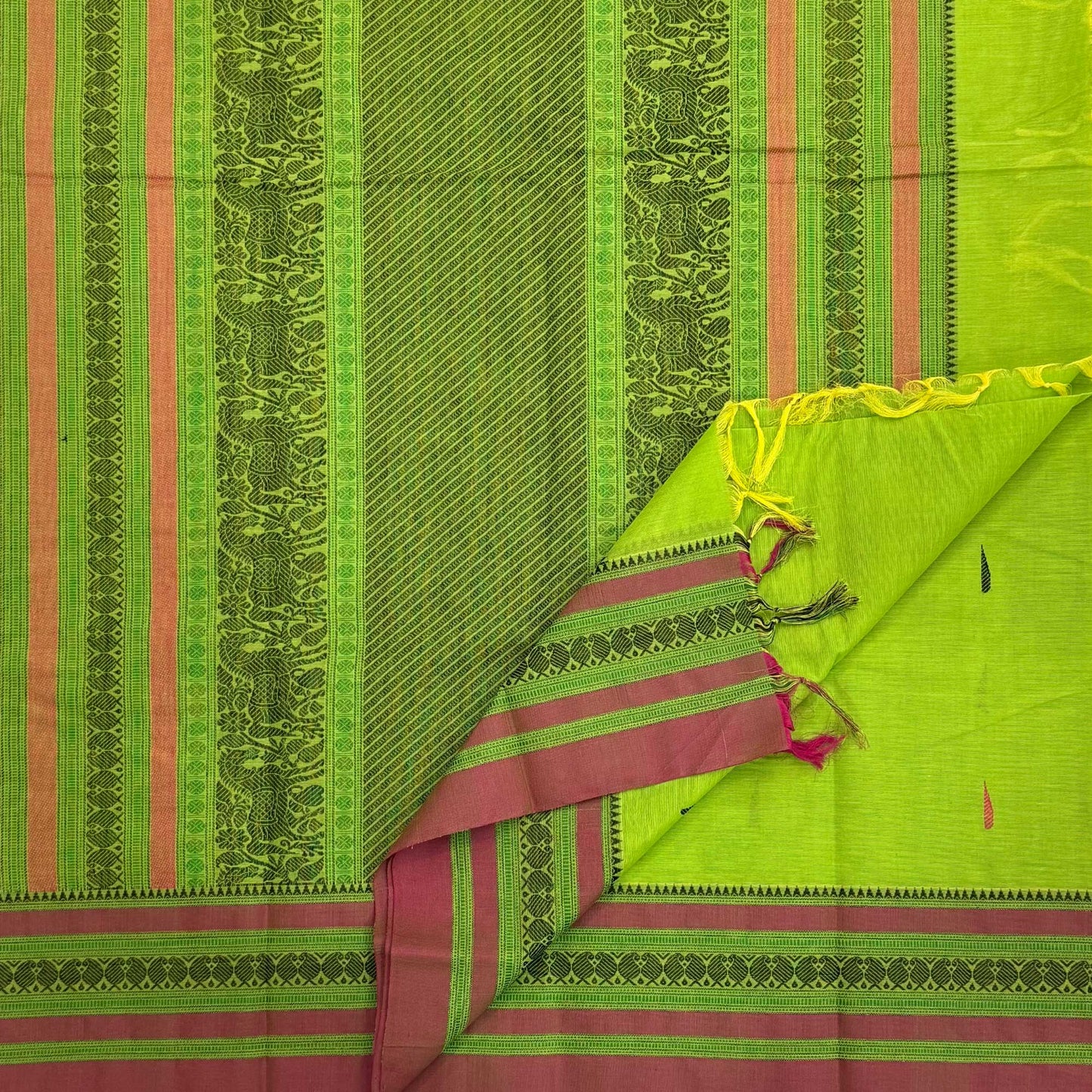 Parrot Green cotton saree with Mango border
