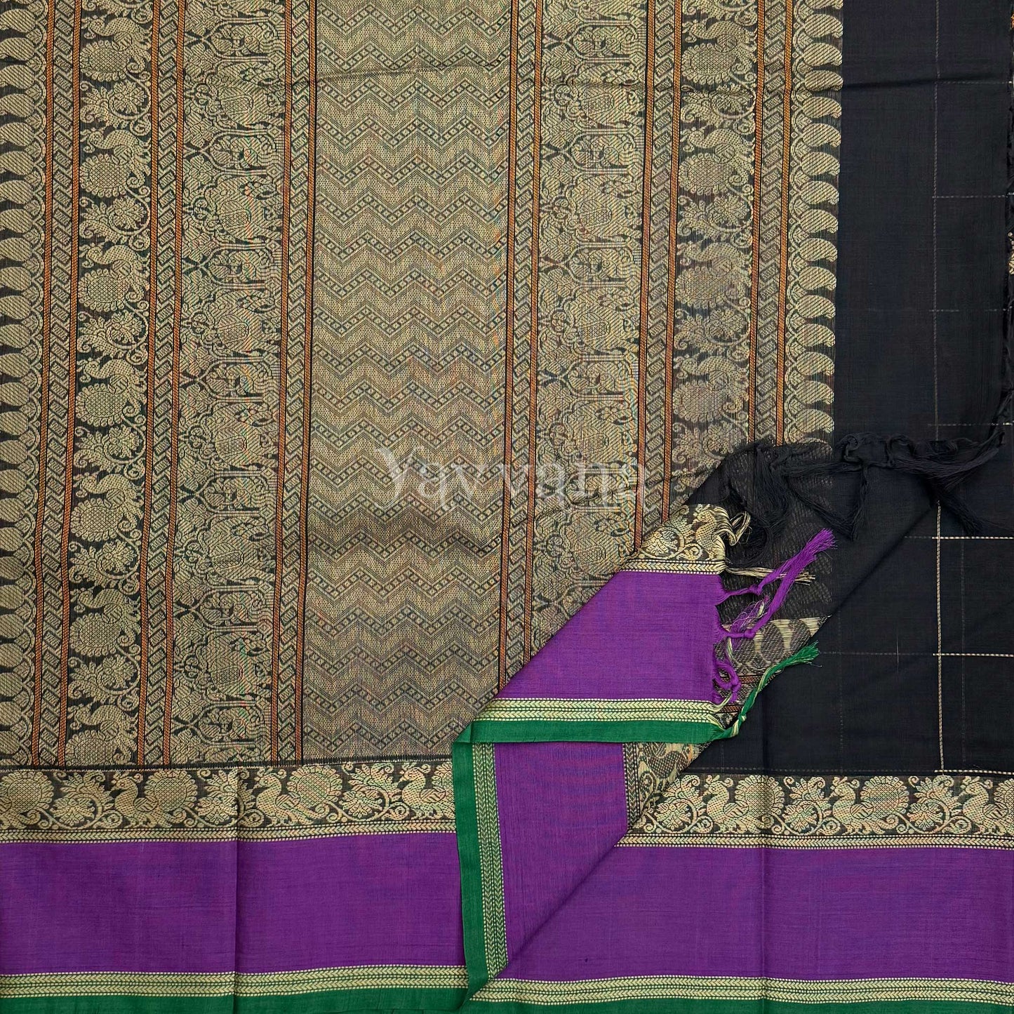 Black Cotton Saree with contrast Purple border