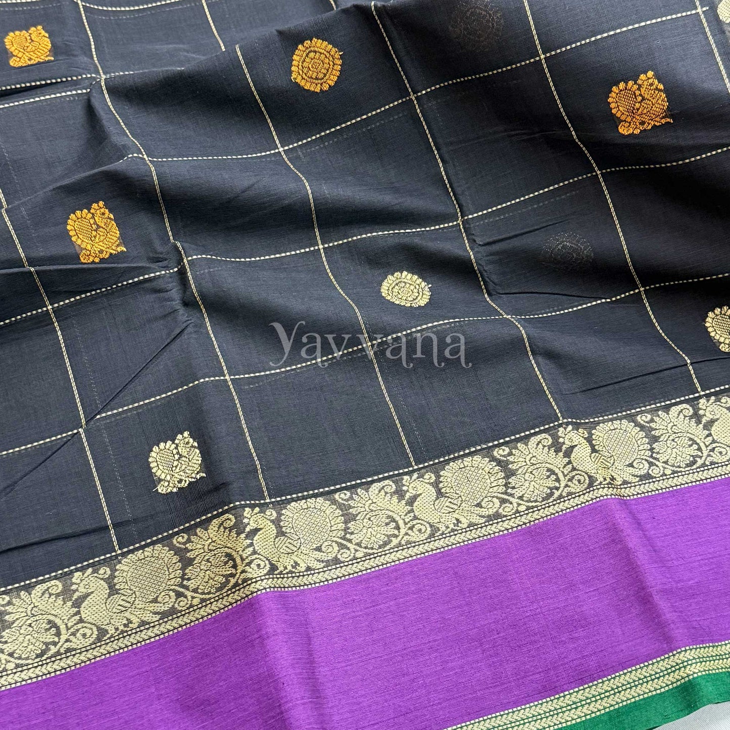 Black Cotton Saree with contrast Purple border