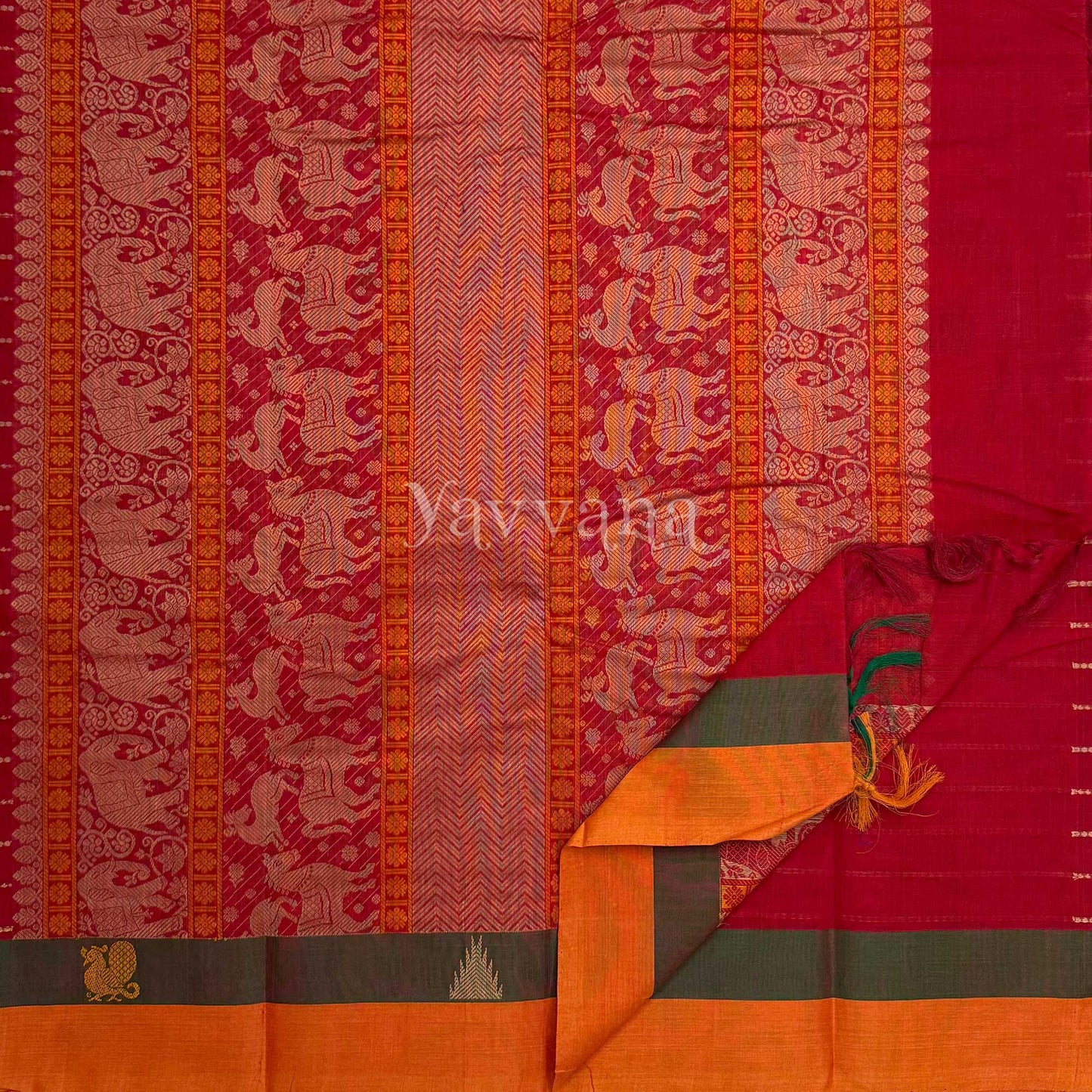 Classic Red cotton saree with Stripe Accents