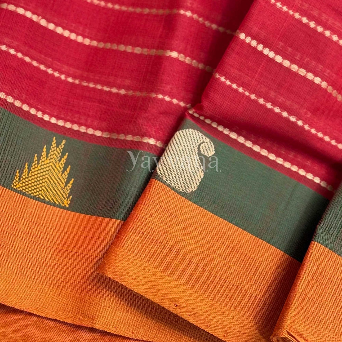 Classic Red cotton saree with Stripe Accents