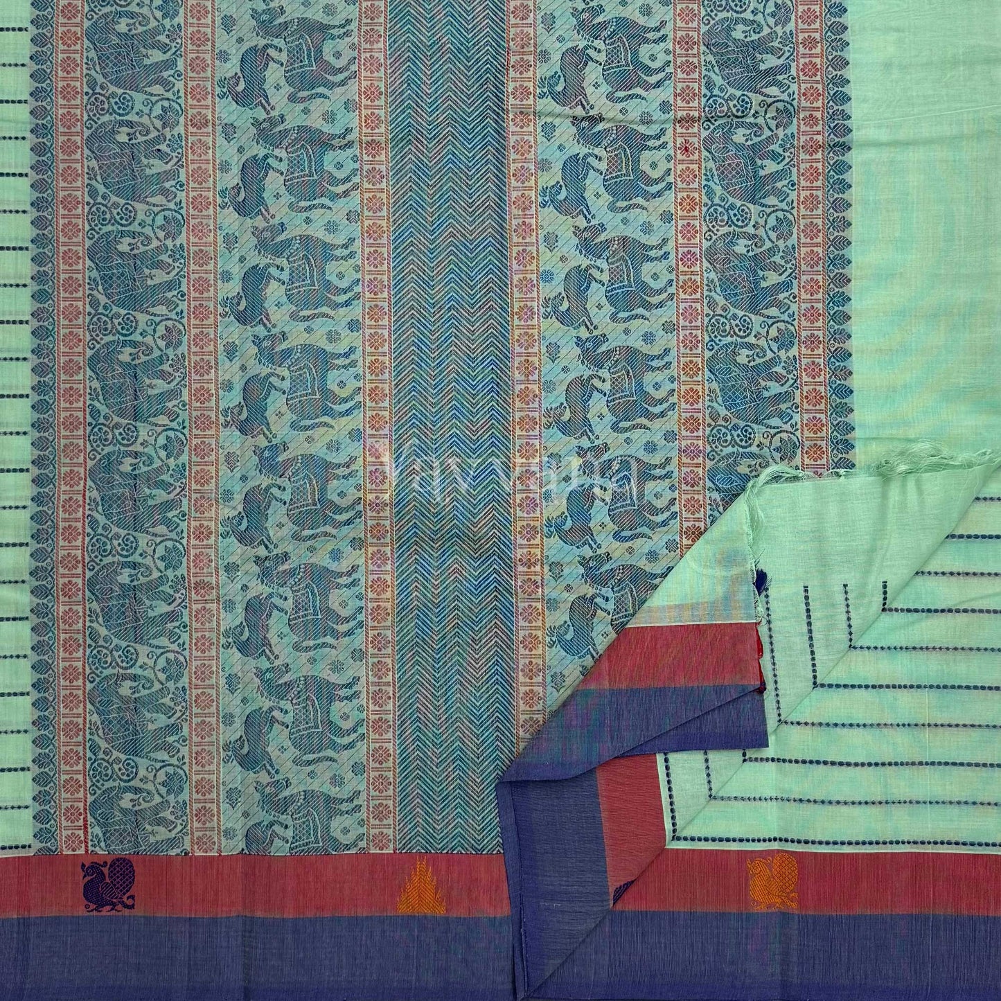 Mint blue Cotton Saree with Stripe Accents