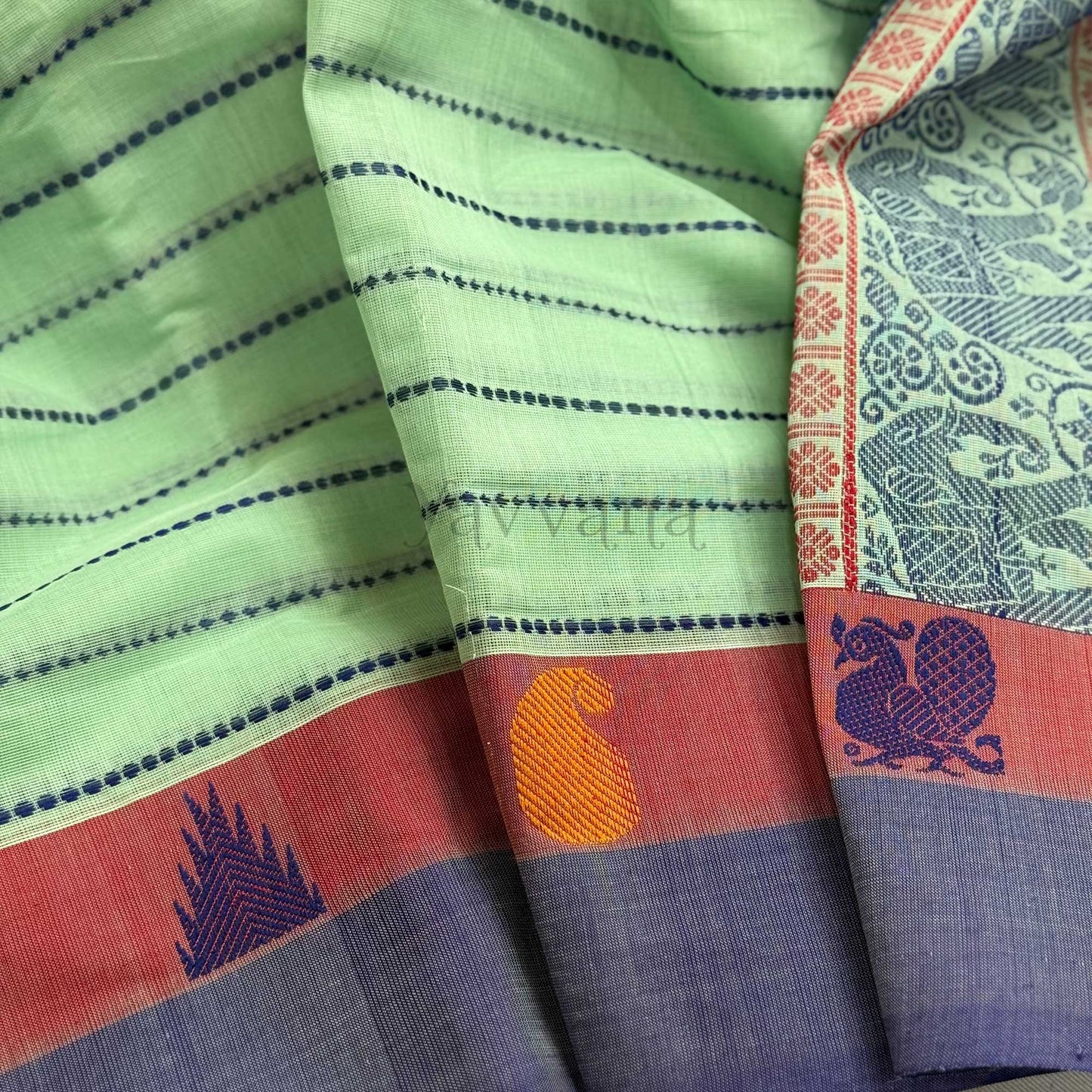 Mint blue Cotton Saree with Stripe Accents