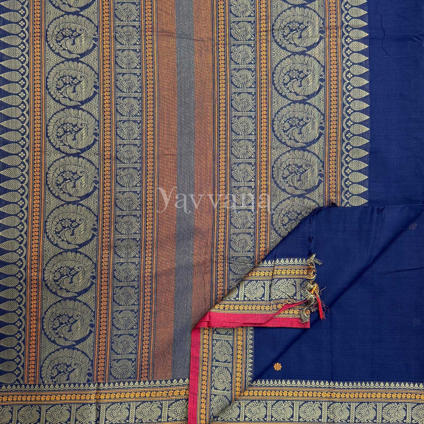 Deep Navy Cotton Saree with Gold-Tone Border