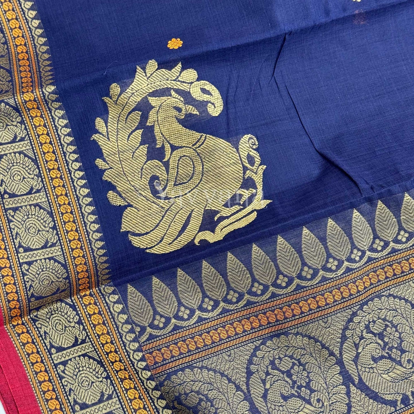Deep Navy Cotton Saree with Gold-Tone Border