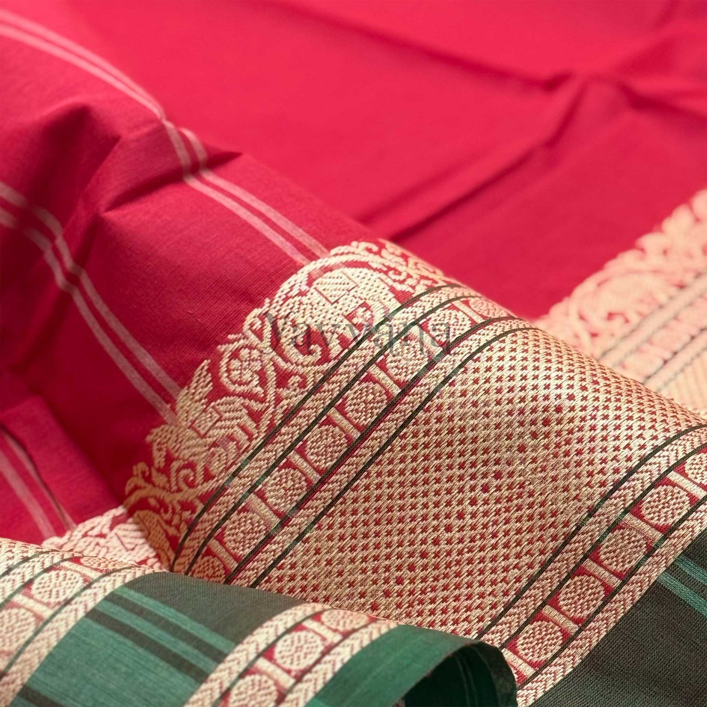 Red with Green Plain Cotton Saree