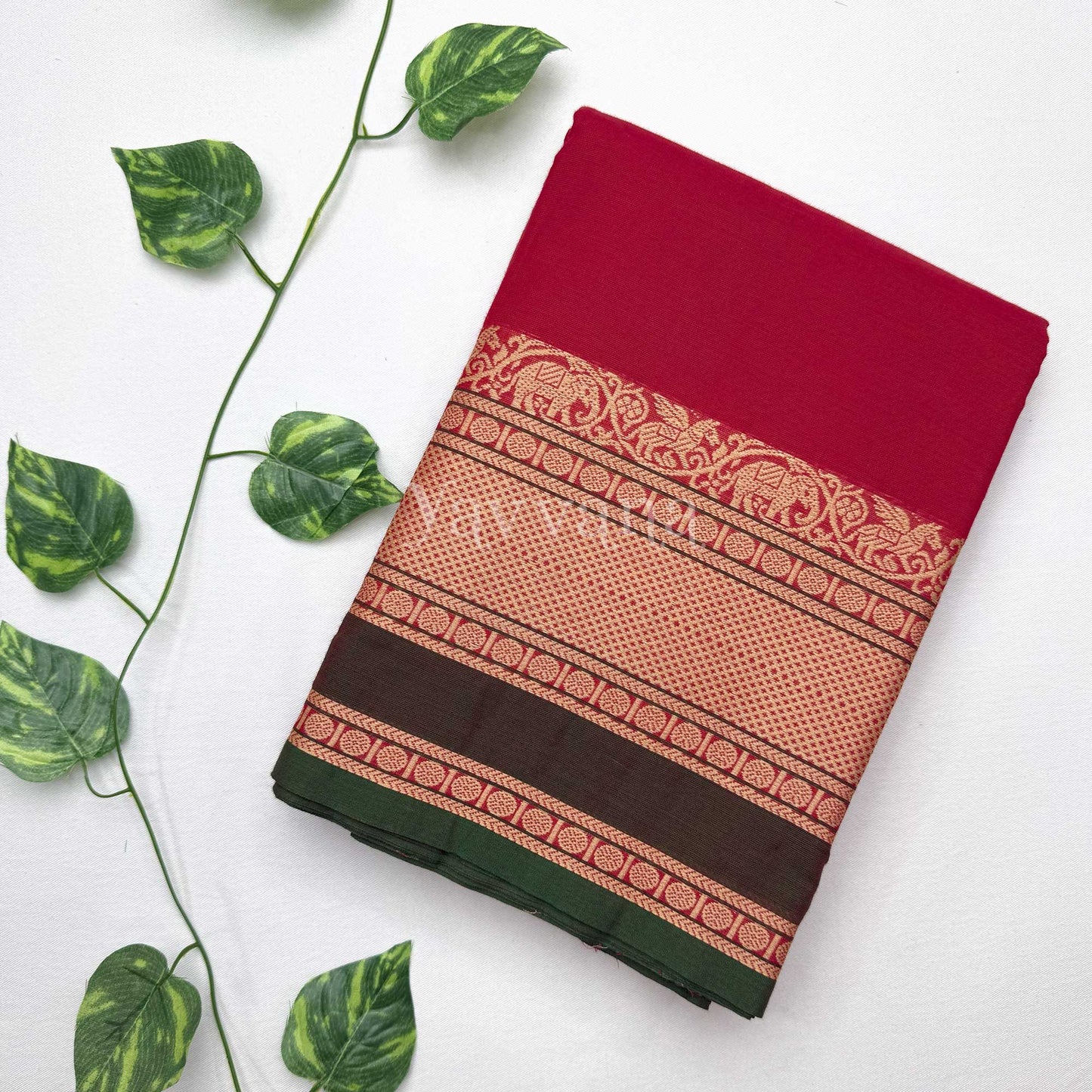 Red with Green Plain Cotton Saree