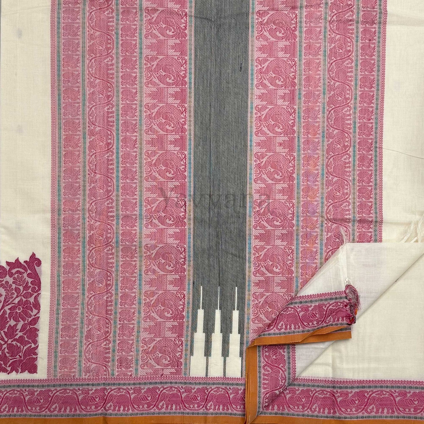 Cream white Pure Cotton Saree with Elephant border