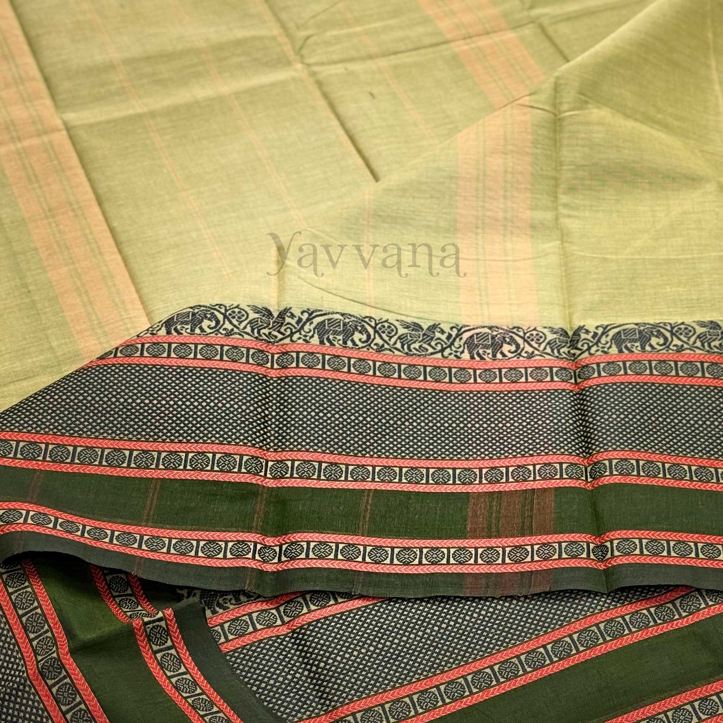 Olive Green Cotton Saree with contrasting Border