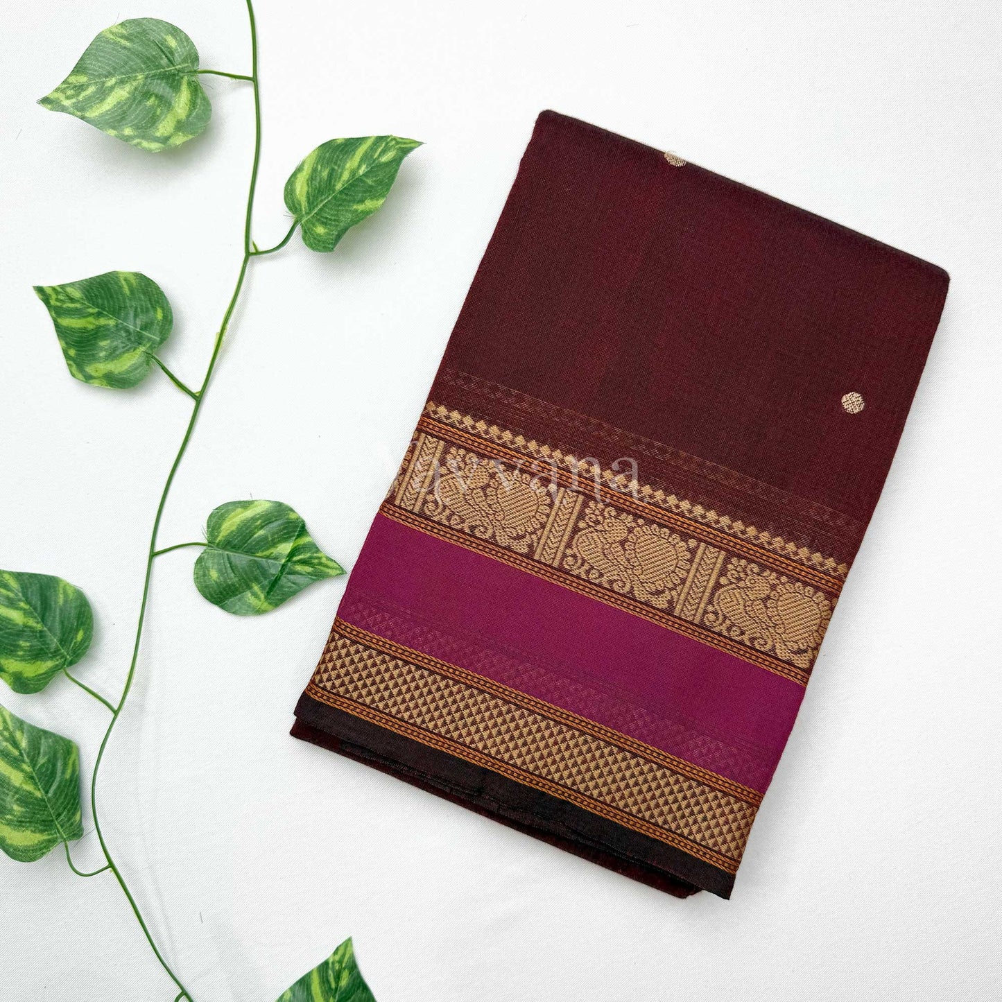 Brown Cotton Saree with Magenta Border