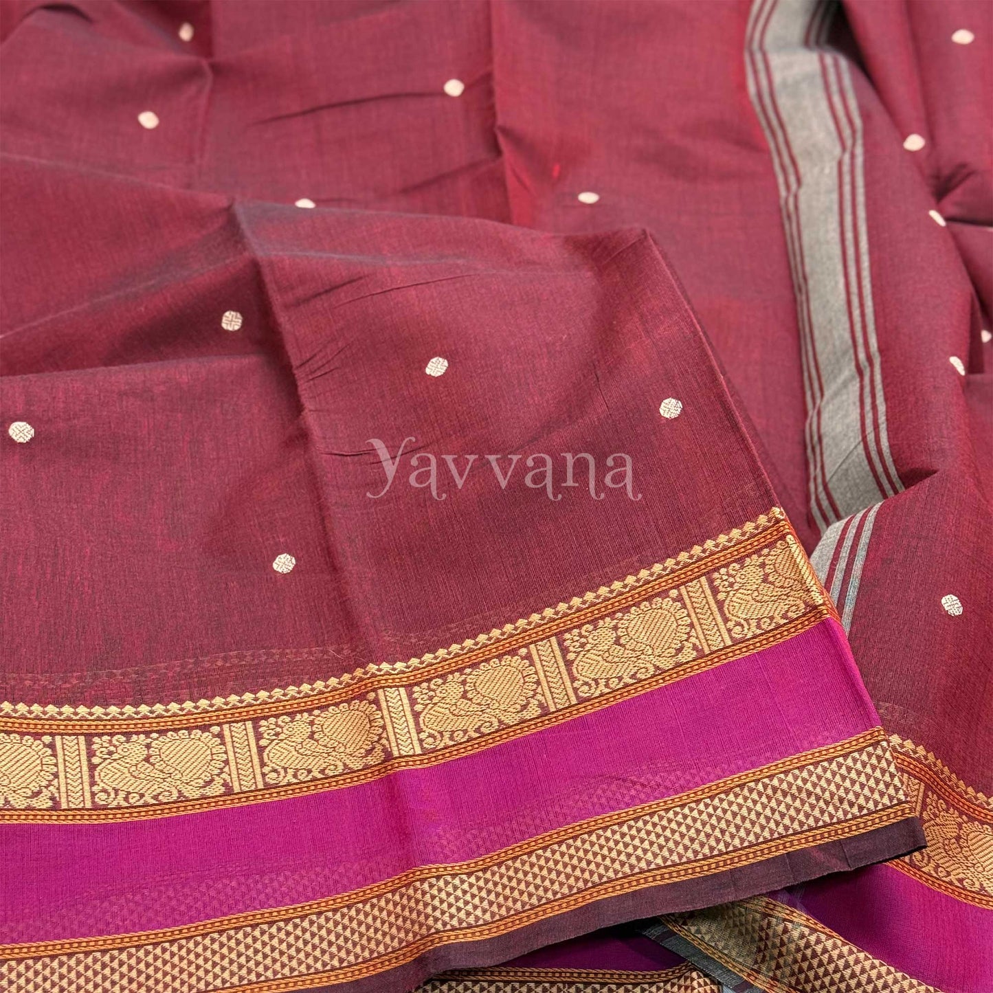 Brown Cotton Saree with Magenta Border