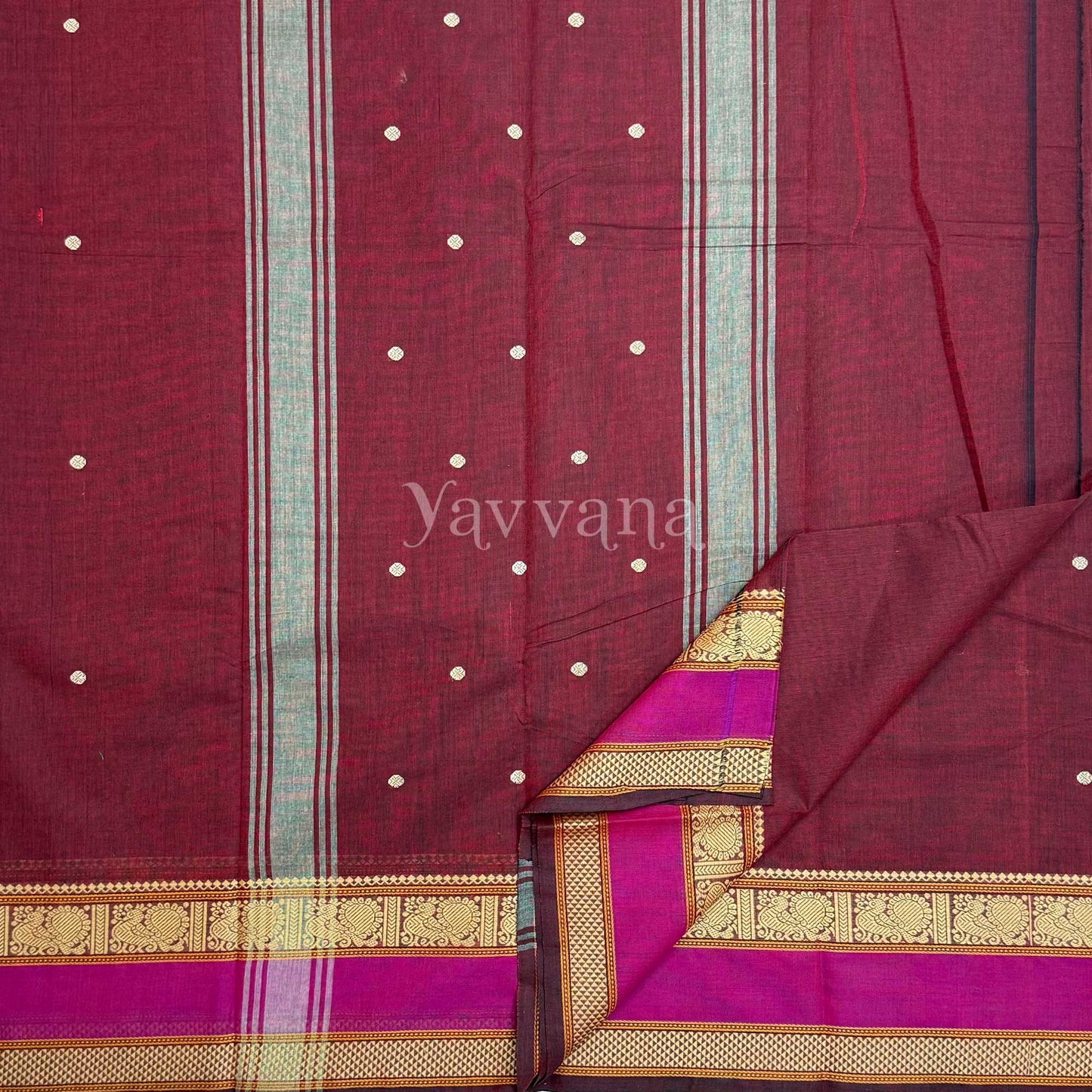 Brown Cotton Saree with Magenta Border