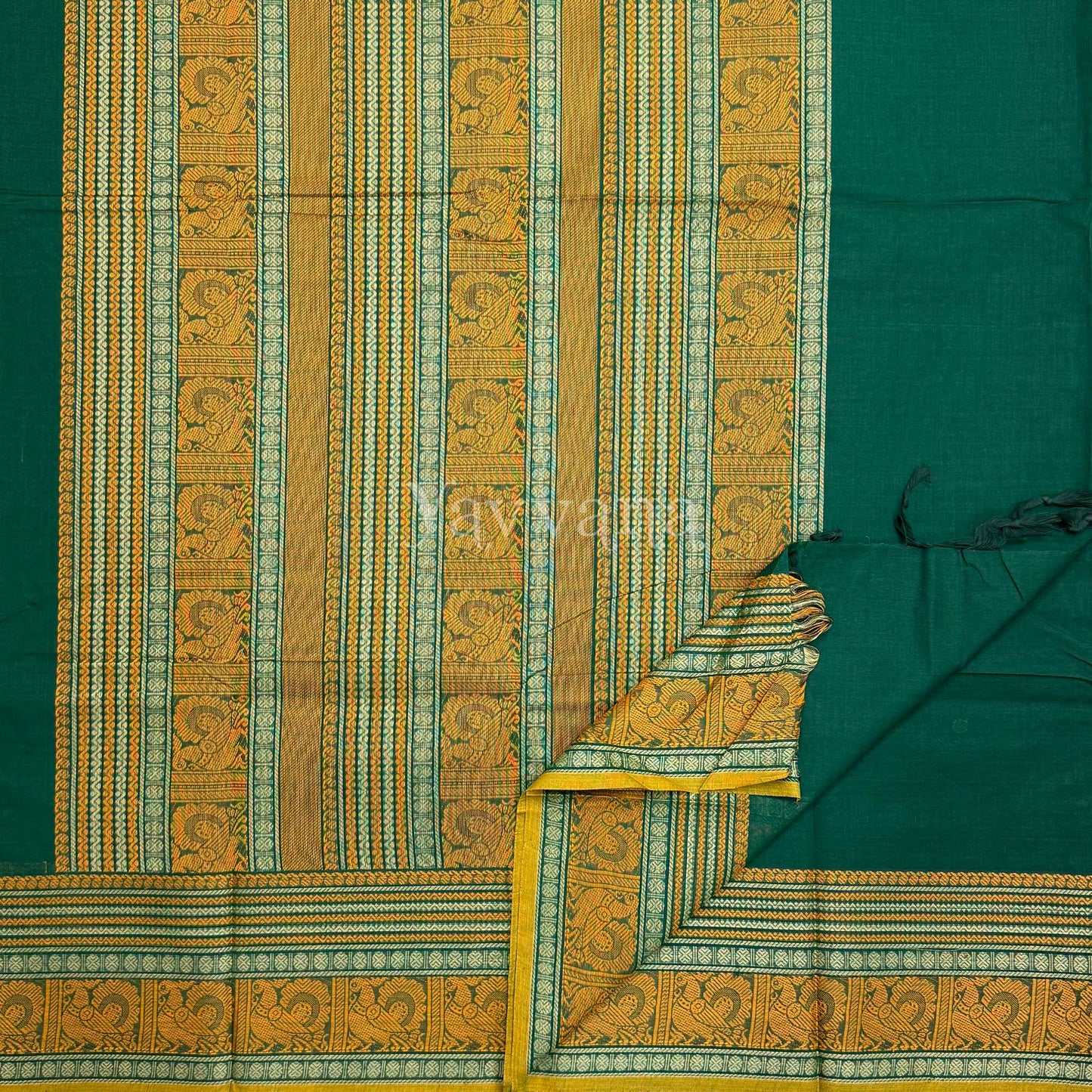 Dark Green Cotton Saree with contrast rich border