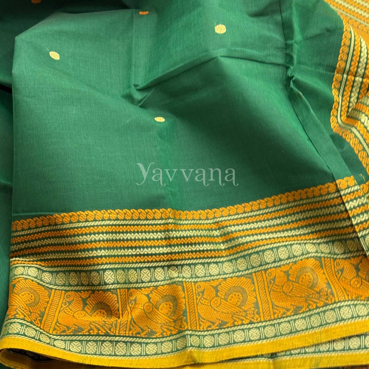 Dark Green Cotton Saree with contrast rich border