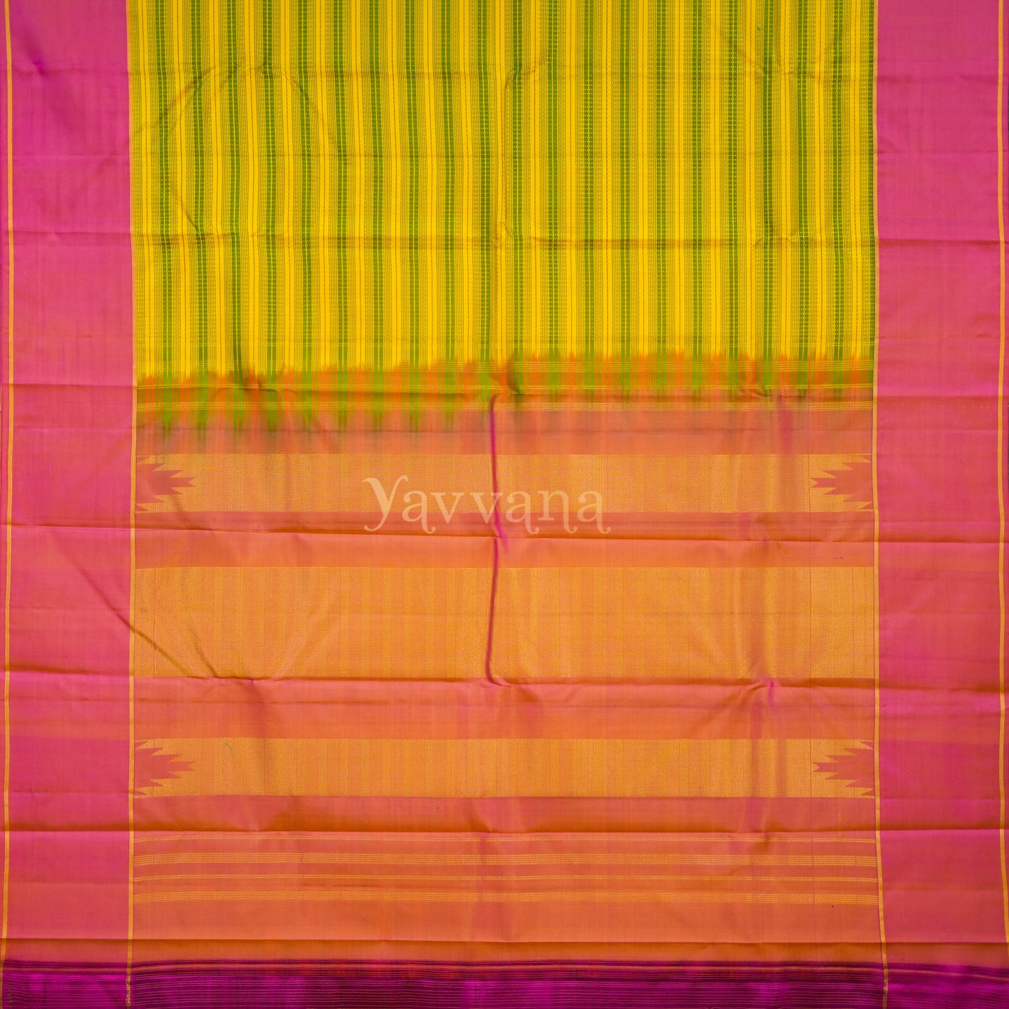 Yellow and Pink Silk Saree with Intricate Stripes