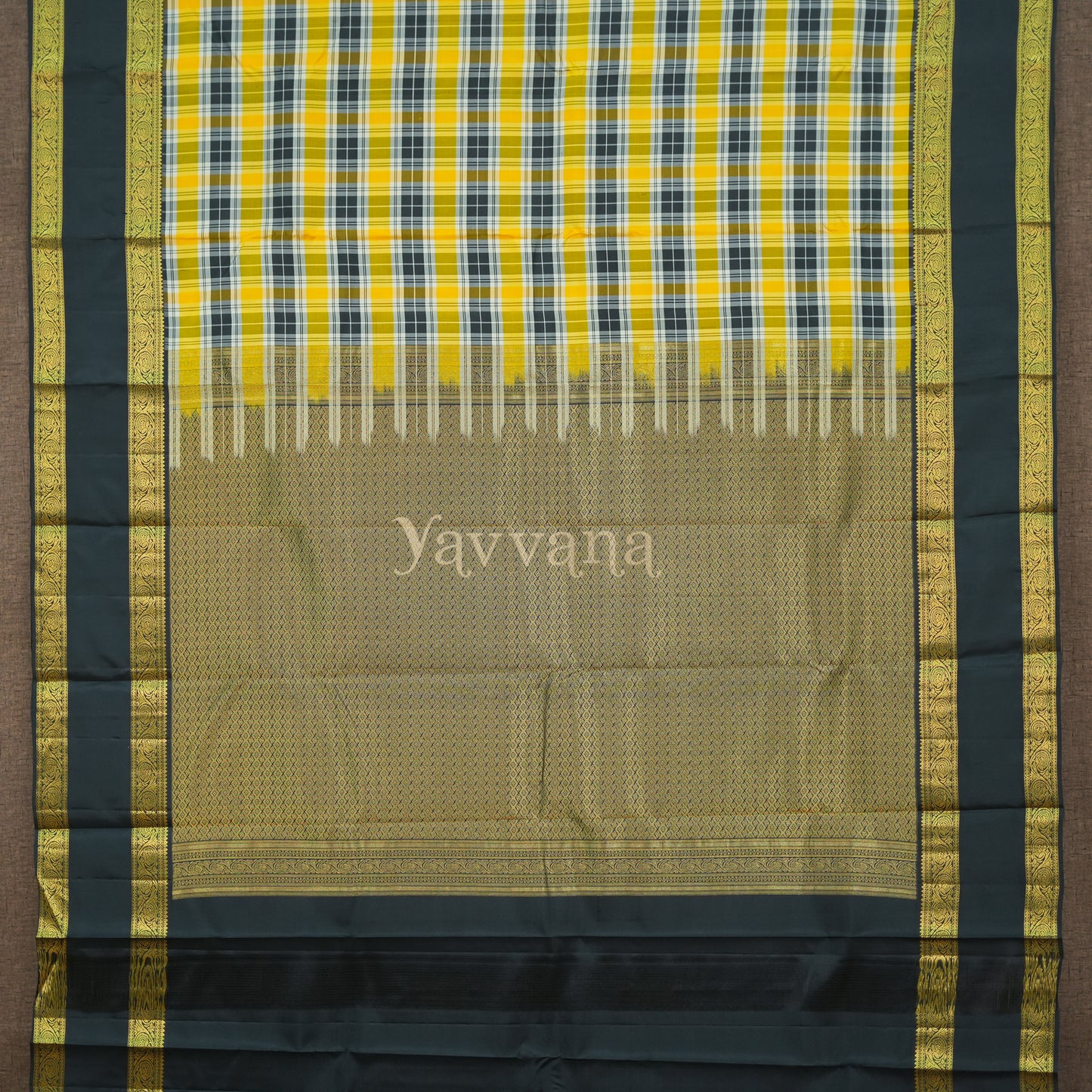Black and Yellow Checkered Silk Saree with Gold Border