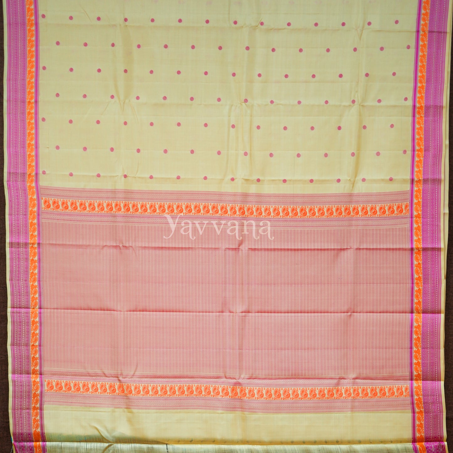 Cream Silk Saree with Pink Polka Dots and Vibrant Border – A Timeless Classic