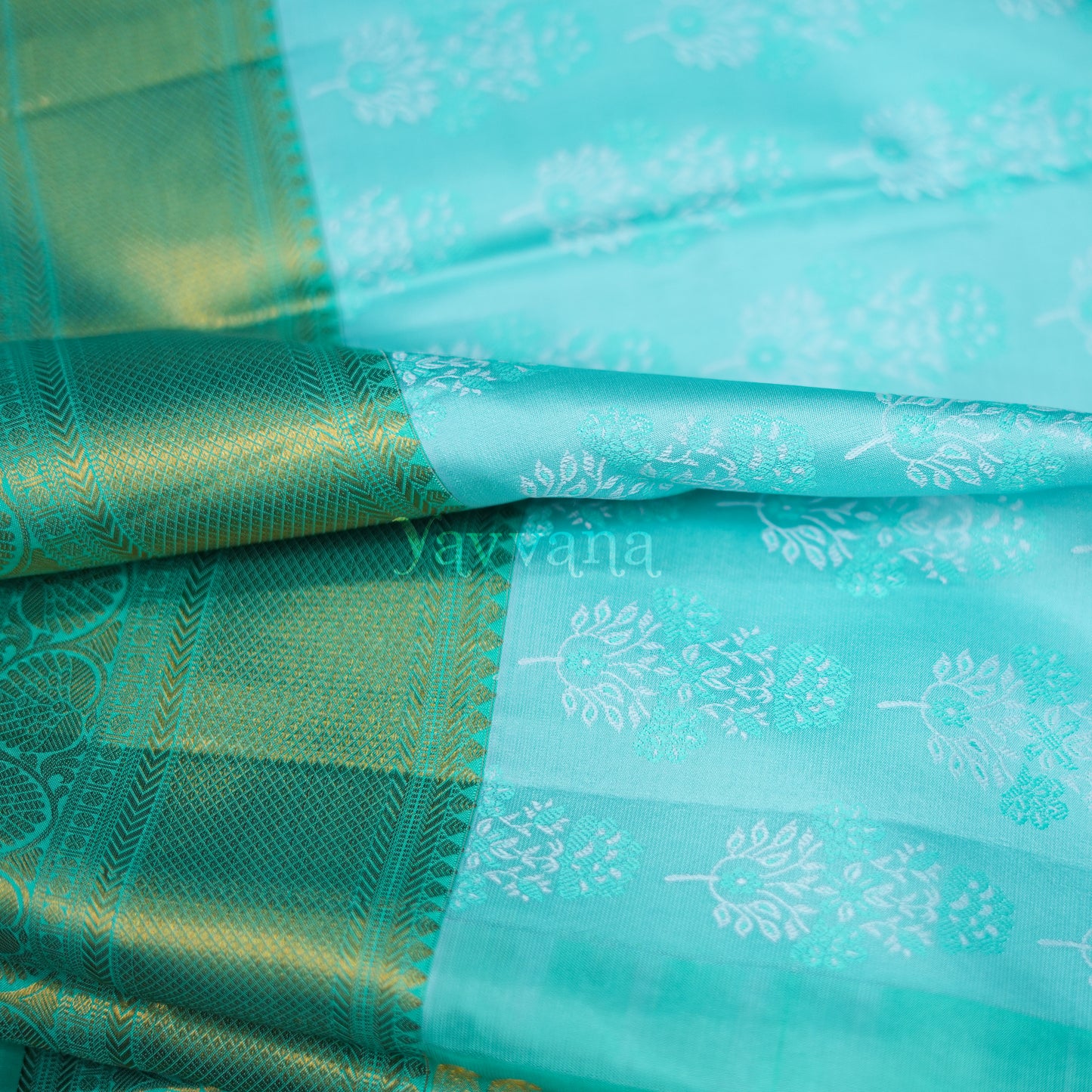 Turquoise Blue Silk Saree with Gold Zari Border