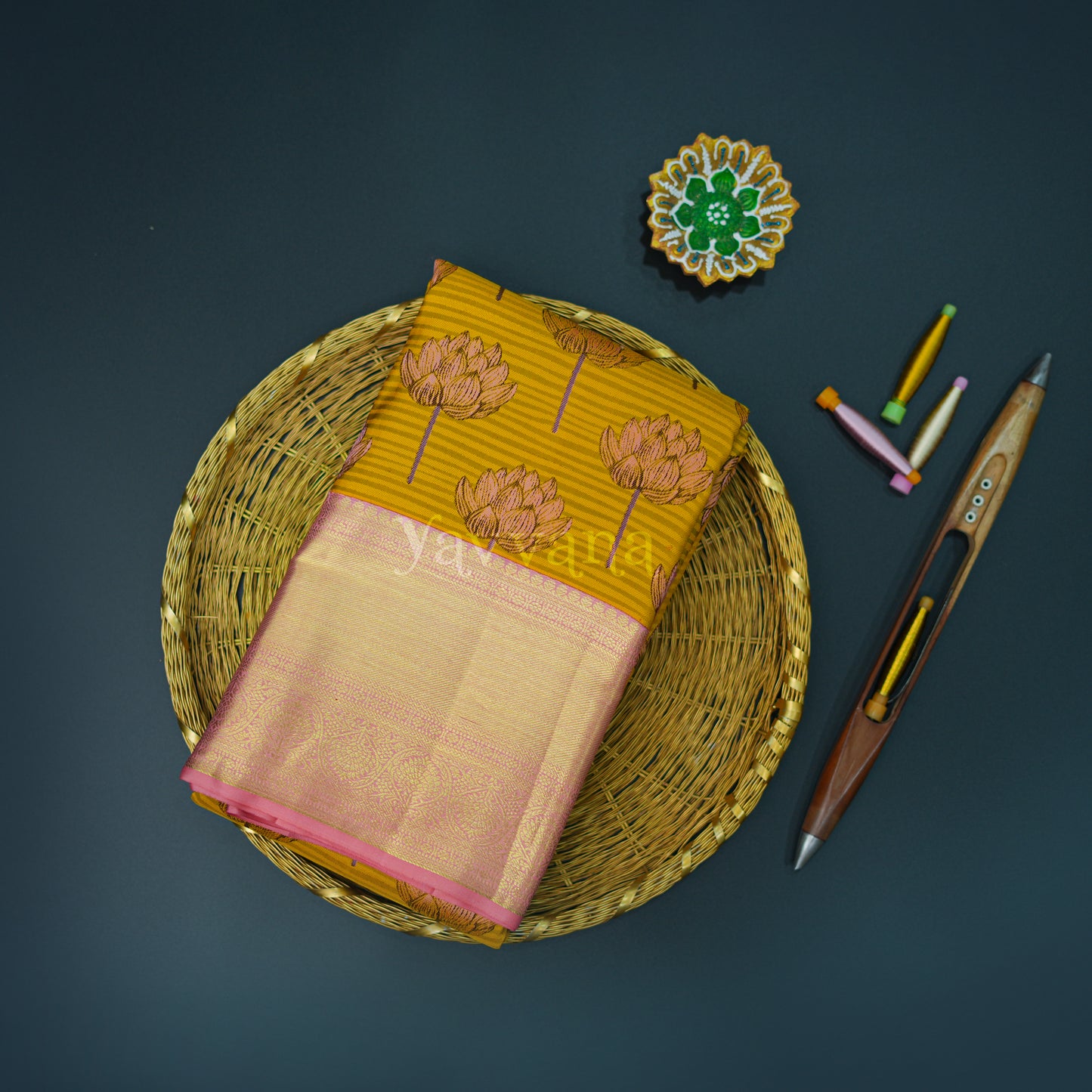 Mustard Yellow Lotus Motif Pure Silk Saree