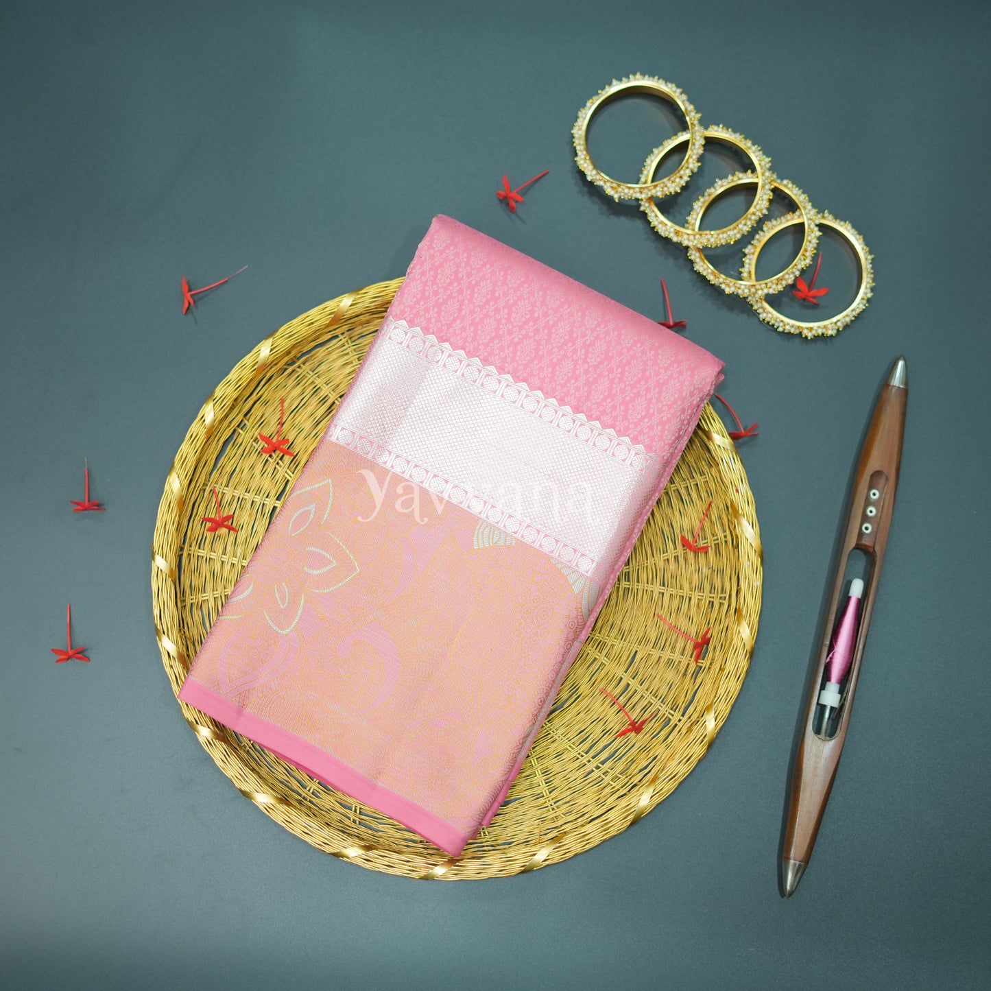 Pink Silk Saree with Floral Border