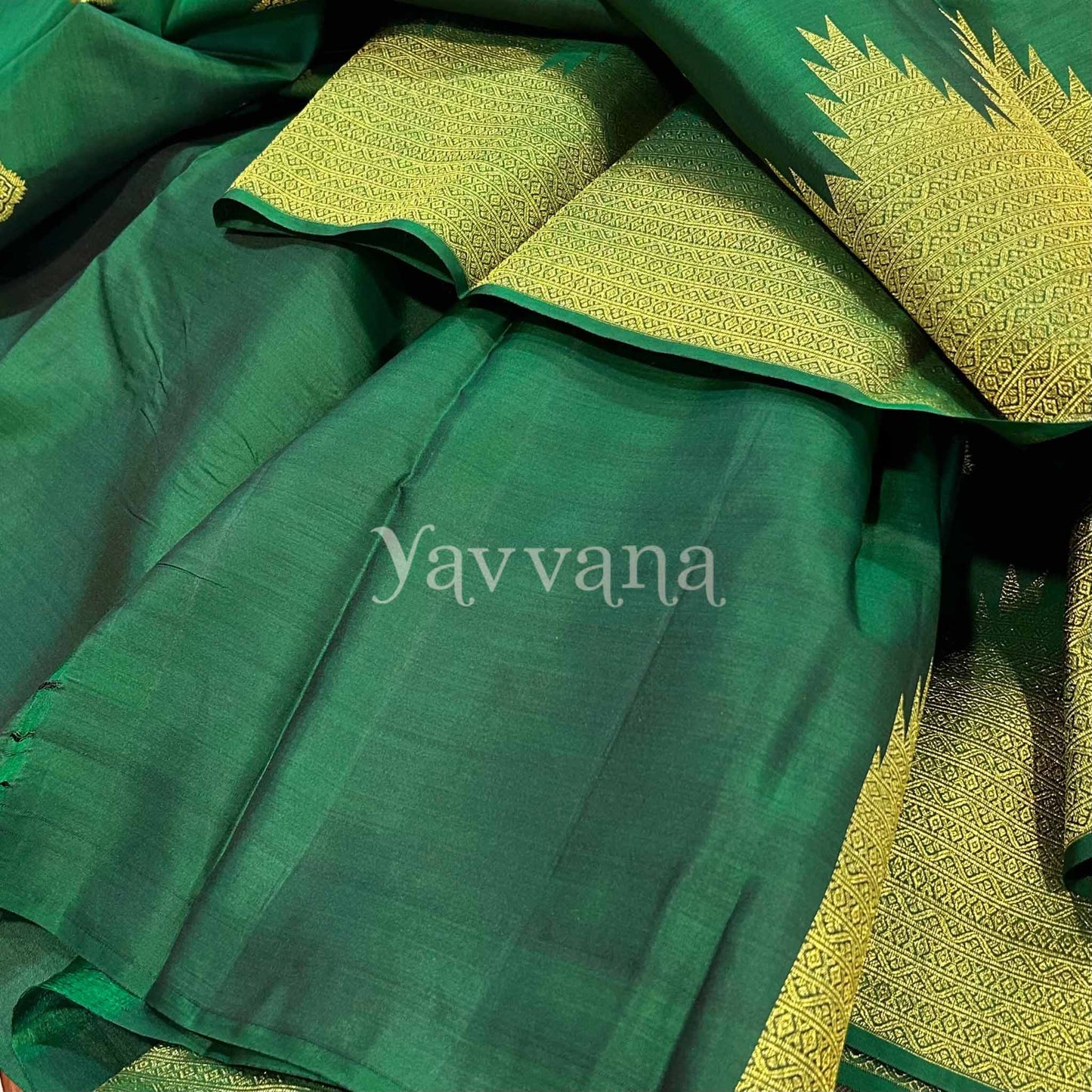 Forest Green Pure Silk Saree with Intricate Temple border