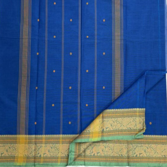Vibrant Blue Cotton Saree with Elephant Motif Border