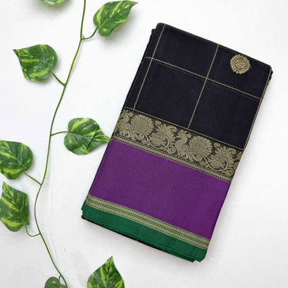 Black Cotton Saree with contrast Purple border