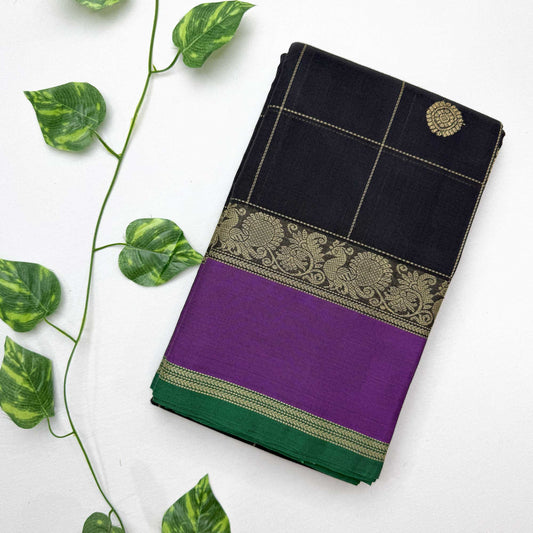 Black Cotton Saree with contrast Purple border