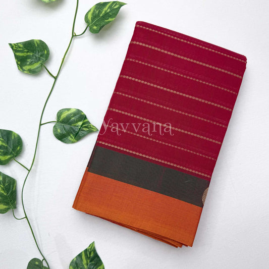 Classic Red cotton saree with Stripe Accents