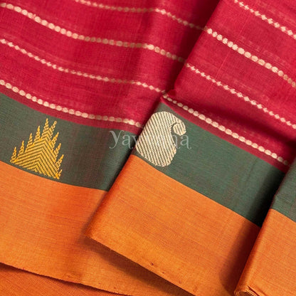 Classic Red cotton saree with Stripe Accents