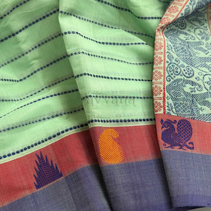 Mint blue Cotton Saree with Stripe Accents