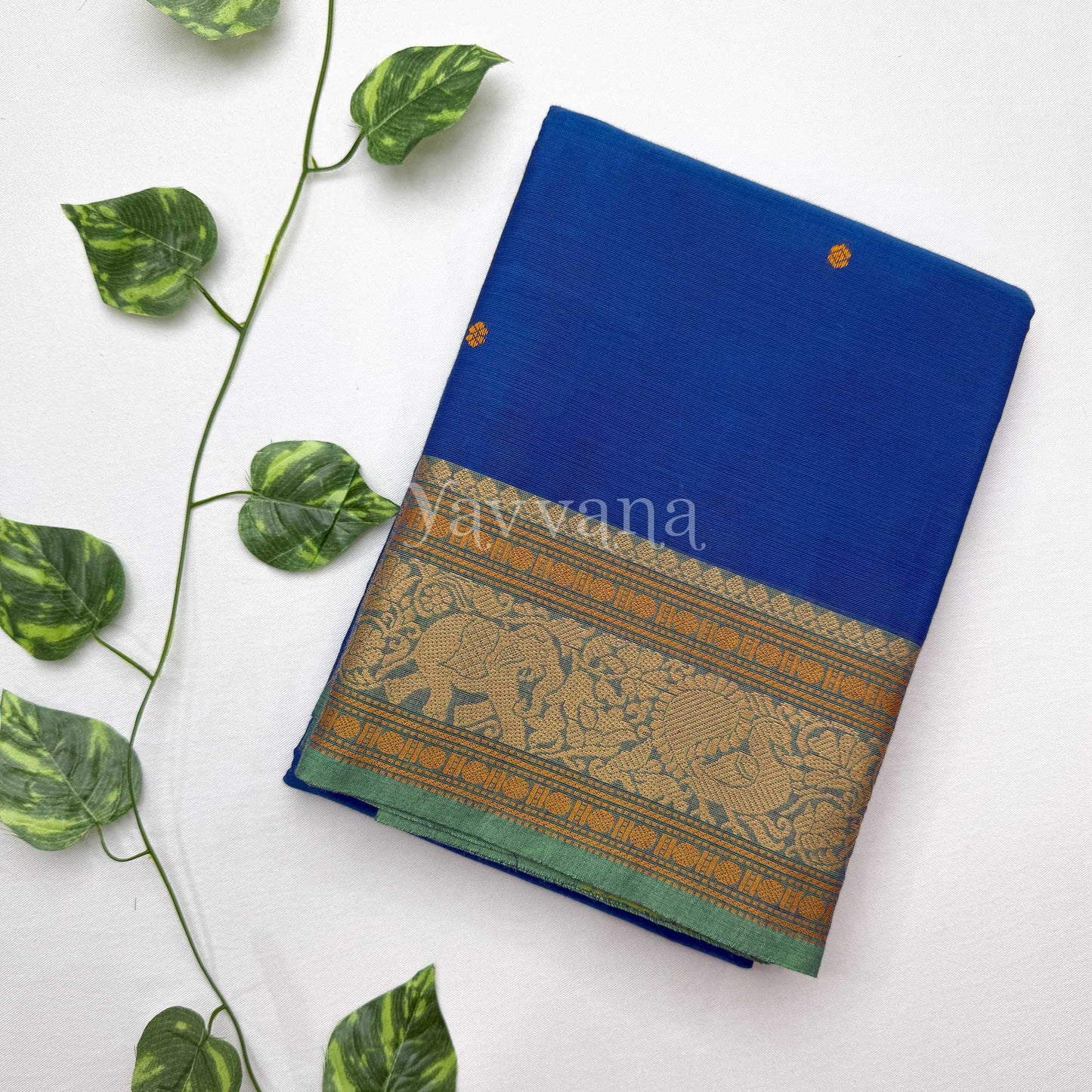 Vibrant Blue Cotton Saree with Elephant Motif Border