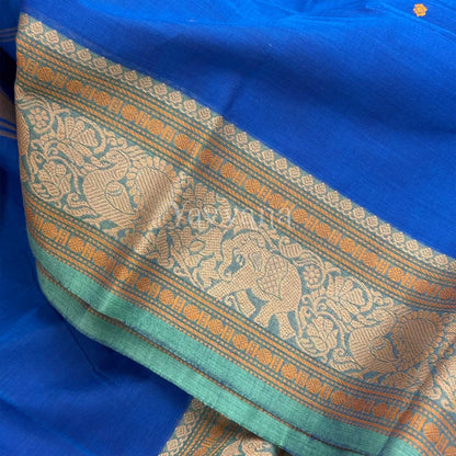 Vibrant Blue Cotton Saree with Elephant Motif Border