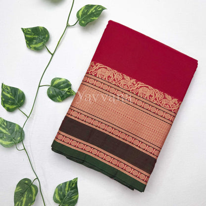 Red with Green Plain Cotton Saree