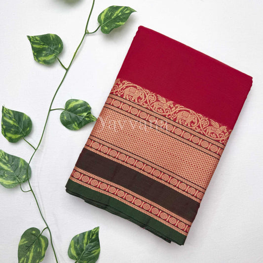 Red with Green Plain Cotton Saree
