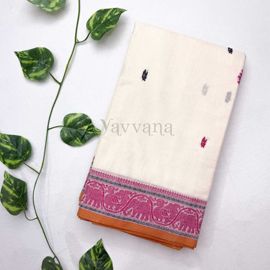Cream white Pure Cotton Saree with Elephant border