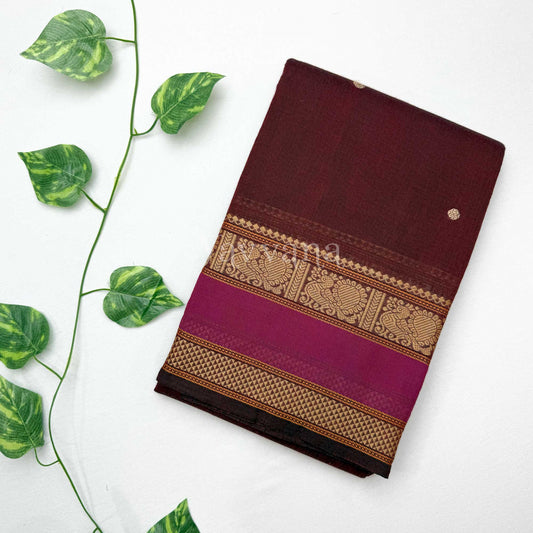 Brown Cotton Saree with Magenta Border