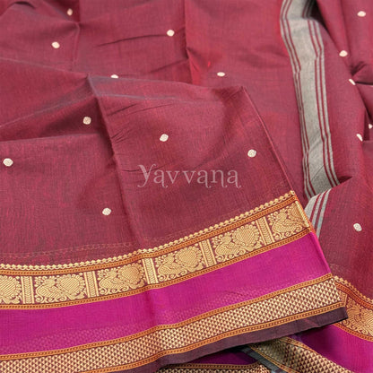 Brown Cotton Saree with Magenta Border