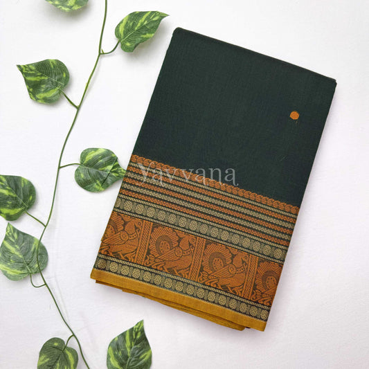 Dark Green Cotton Saree with contrast rich border