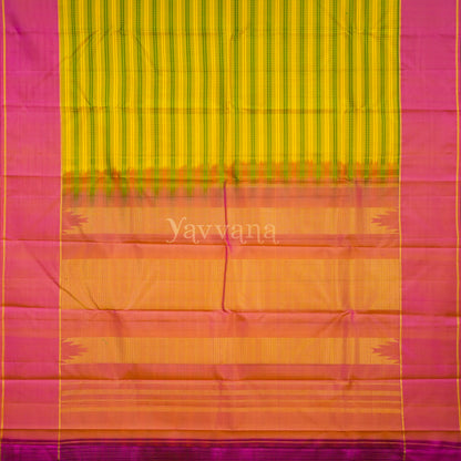Yellow and Pink Silk Saree with Intricate Stripes