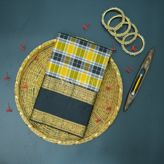 Black and Yellow Checkered Silk Saree with Gold Border