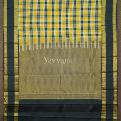 Black and Yellow Checkered Silk Saree with Gold Border