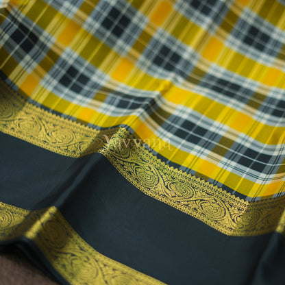 Black and Yellow Checkered Silk Saree with Gold Border