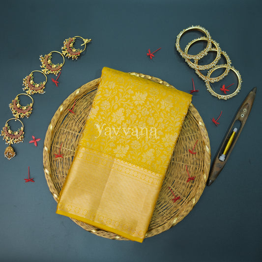 Yellow Pure Silk Saree with Intricate Floral Patterns - A Piece of Radiance