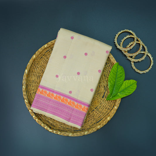 Cream Silk Saree with Pink Polka Dots and Vibrant Border – A Timeless Classic