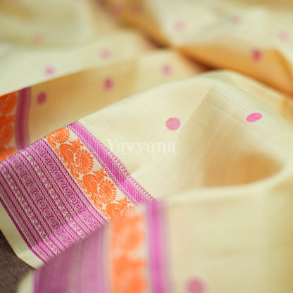 Cream Silk Saree with Pink Polka Dots and Vibrant Border – A Timeless Classic