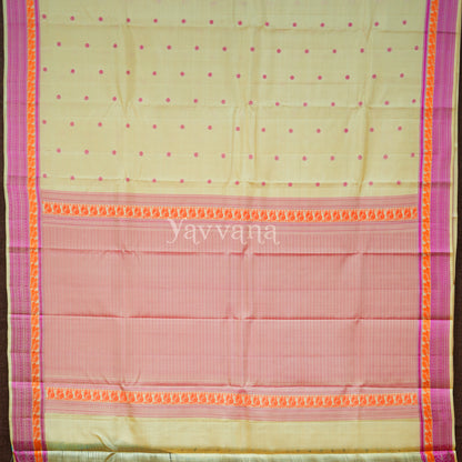 Cream Silk Saree with Pink Polka Dots and Vibrant Border – A Timeless Classic