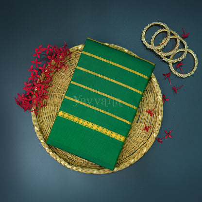 Forest Green Silk Saree with Gold Zari Stripes – A Statement of Grace