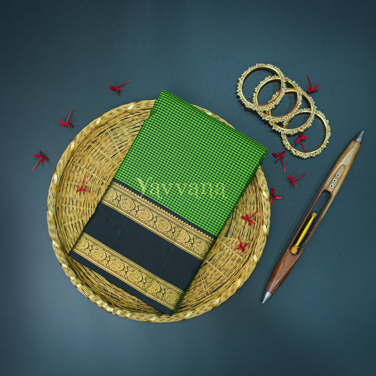 Green Checkered Silk Saree with Classic Black Zari Border - Vibrance