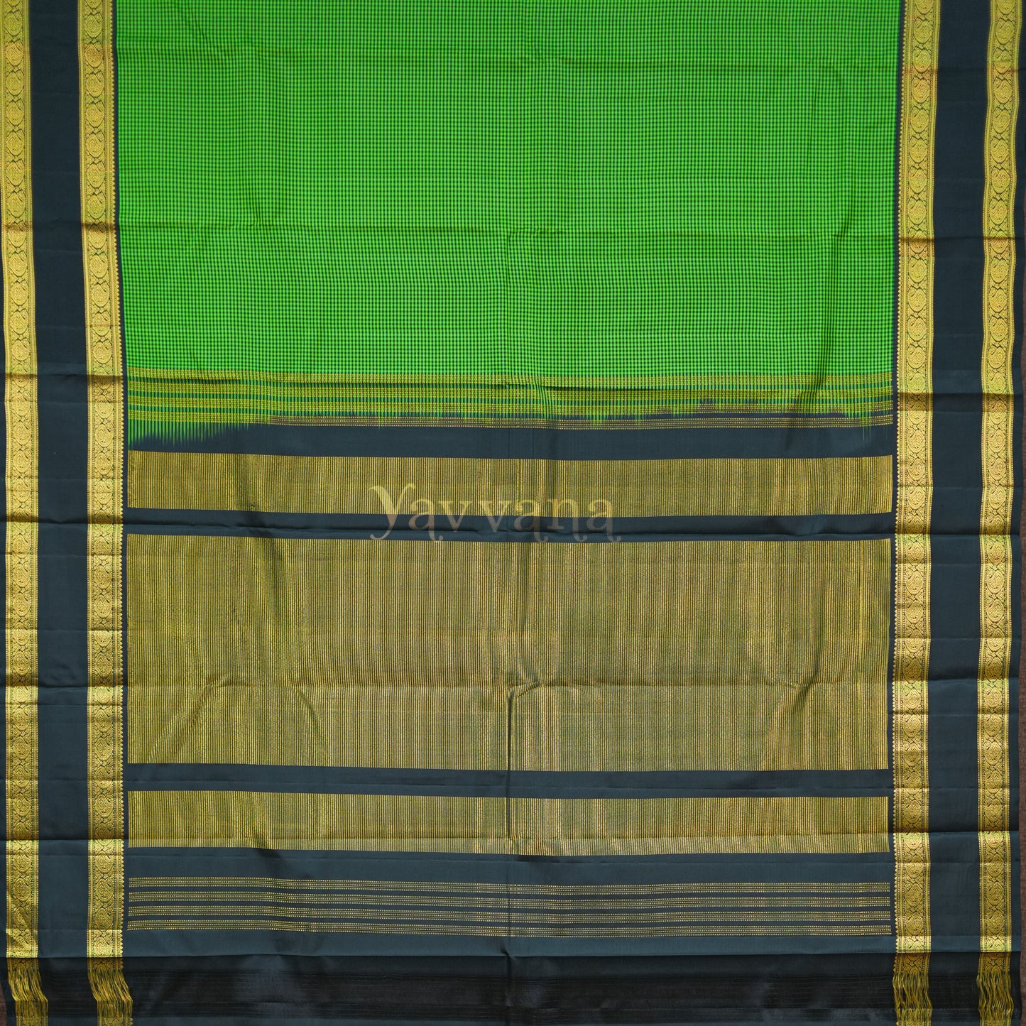 Green Checkered Silk Saree with Classic Black Zari Border - Vibrance